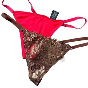 RARE Victoria's Secret V-String Thong Panties Set Red Bronze Metallic Lace IS